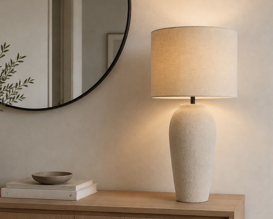 taller lampara tela beige